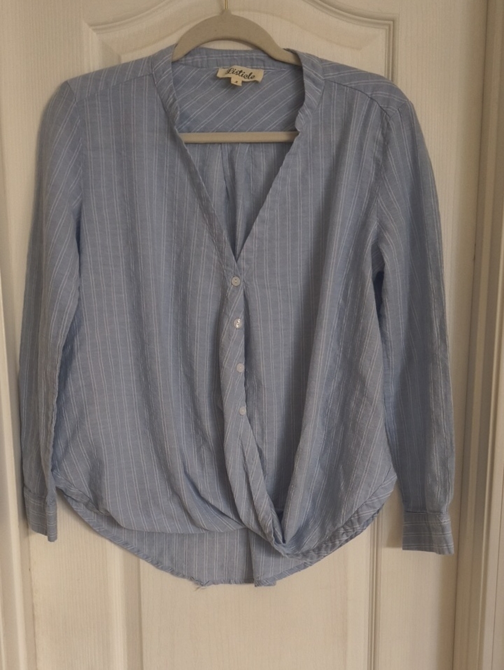 Listicle Light Blue & White Pinstripe Twist-Front Button Blouse